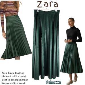 Zara Emerald Green Faux Leather Pleated Midi - Maxi Raw Hem Skirt Women's Small